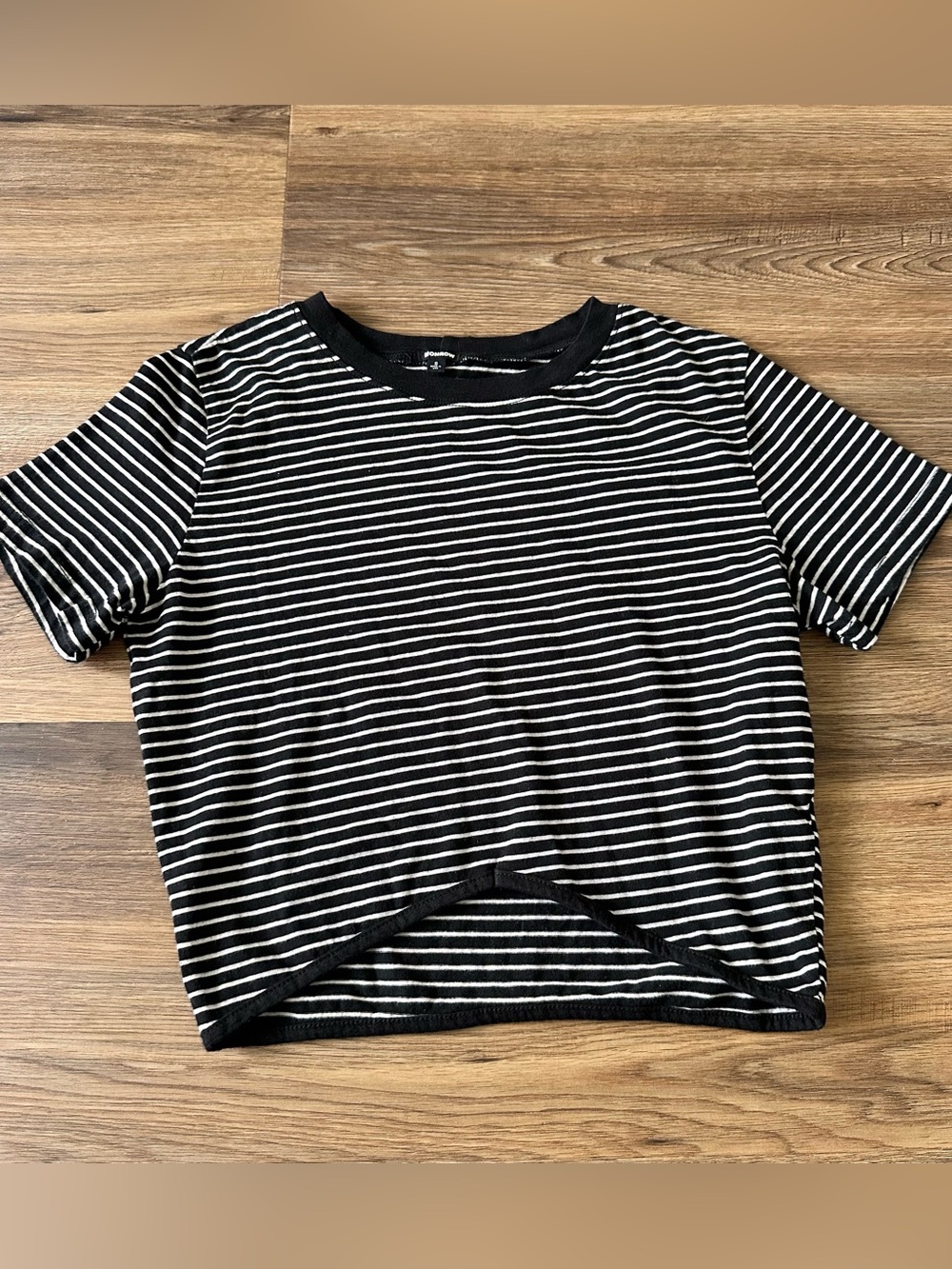 Monrow‎ Striped Crop Top Womens Small Crewneck Black Shirt Classic Tee Casual